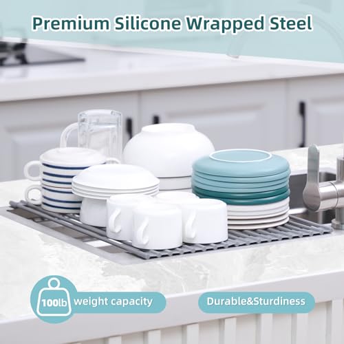 Ohuhu Roll Up Dish Drying Rack, Over The Sink Multipurpose Roll-Up Dish Racks, 16.5" W x 13" L Rolling Heat-Resistant Anti-Slip Silicone Coated Dish Drainer Portable Foldable for Kitchen Counter - My Kitchen Products