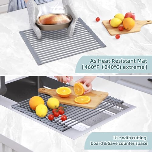 Ohuhu Roll Up Dish Drying Rack, Over The Sink Multipurpose Roll-Up Dish Racks, 16.5" W x 13" L Rolling Heat-Resistant Anti-Slip Silicone Coated Dish Drainer Portable Foldable for Kitchen Counter - My Kitchen Products
