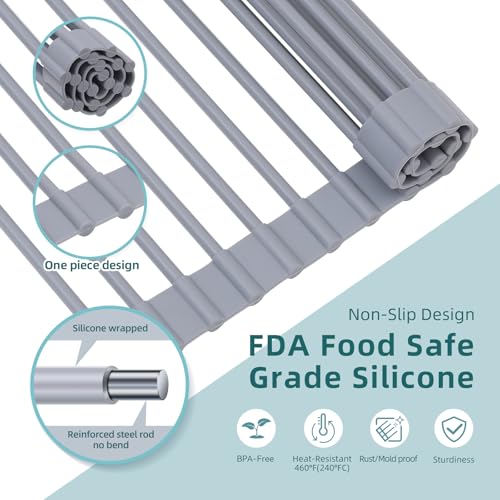 Ohuhu Roll Up Dish Drying Rack, Over The Sink Multipurpose Roll-Up Dish Racks, 16.5" W x 13" L Rolling Heat-Resistant Anti-Slip Silicone Coated Dish Drainer Portable Foldable for Kitchen Counter - My Kitchen Products