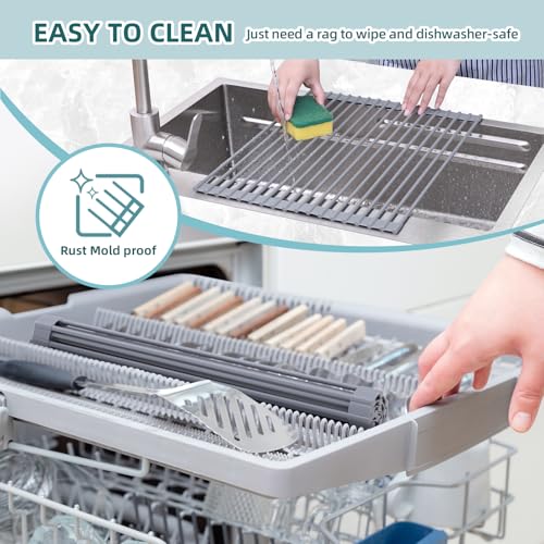 Ohuhu Roll Up Dish Drying Rack, Over The Sink Multipurpose Roll-Up Dish Racks, 16.5" W x 13" L Rolling Heat-Resistant Anti-Slip Silicone Coated Dish Drainer Portable Foldable for Kitchen Counter - My Kitchen Products