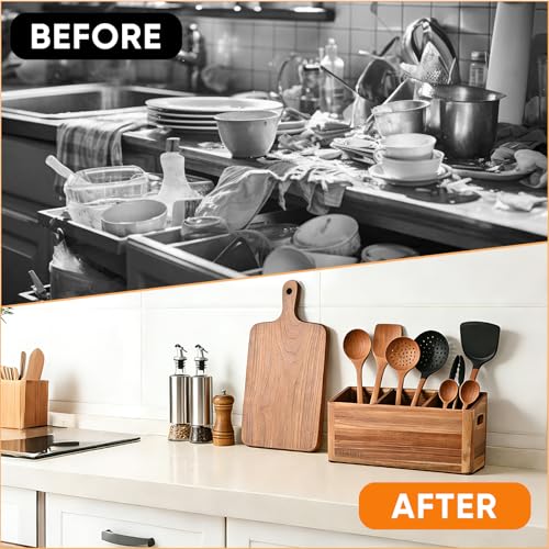 OIEKDJYD Wooden Utensil Holder for Kitchen Counter - Large Utensil Organizer with 3 Compartment, Cooking Tool Crock & Farmhouse Kitchen Accessories - My Kitchen Products