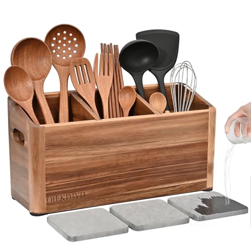 OIEKDJYD Wooden Utensil Holder for Kitchen Counter, Large Utensil Organizer with 3
