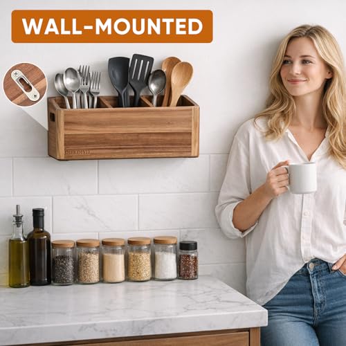 OIEKDJYD Wooden Utensil Holder for Kitchen Counter - Large Utensil Organizer with 3 Compartment, Cooking Tool Crock & Farmhouse Kitchen Accessories - My Kitchen Products