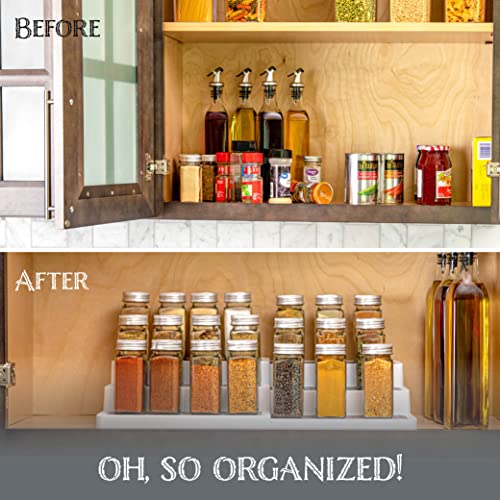 Oizeir 3–Tier Expandable Plastic Spice Rack - Adjustable Length, Stability with Non-Skid Shelf, Three Tiers for Easy Visibility, Organizer for Kitchen Cabinet, Pantry or Countertop, White/Grey - My Kitchen Products