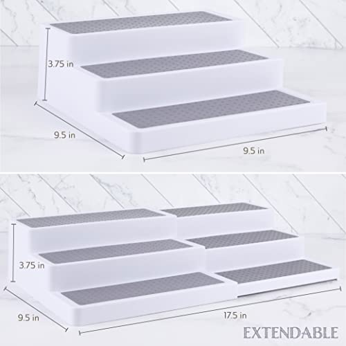 Oizeir 3–Tier Expandable Plastic Spice Rack - Adjustable Length, Stability with Non-Skid Shelf, Three Tiers for Easy Visibility, Organizer for Kitchen Cabinet, Pantry or Countertop, White/Grey - My Kitchen Products