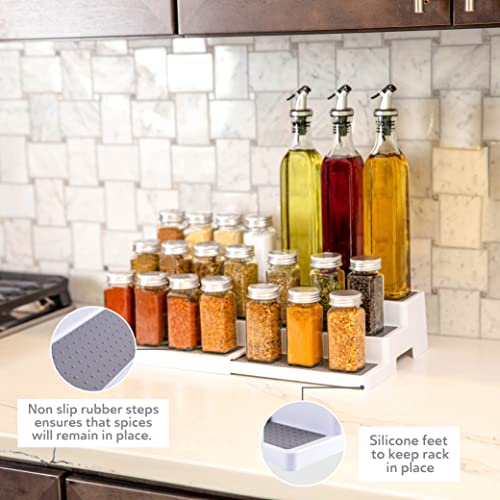 Oizeir 3–Tier Expandable Plastic Spice Rack - Adjustable Length, Stability with Non-Skid Shelf, Three Tiers for Easy Visibility, Organizer for Kitchen Cabinet, Pantry or Countertop, White/Grey - My Kitchen Products