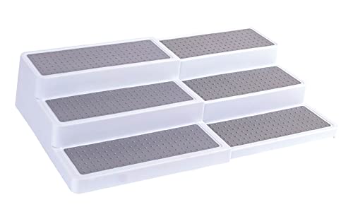 Oizeir 3–Tier Expandable Plastic Spice Rack - Adjustable Length, Stability with Non-Skid Shelf, Three Tiers for Easy Visibility, Organizer for Kitchen Cabinet, Pantry or Countertop, White/Grey - My Kitchen Products