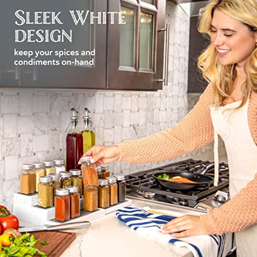 Oizeir 3–Tier Expandable Plastic Spice Rack - Adjustable Length, Stability with Non-Skid Shelf, Three Tiers for Easy Visibility, Organizer for Kitchen Cabinet, Pantry or Countertop, White/Grey - My Kitchen Products