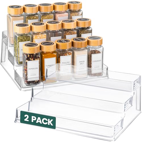 Oizeir Clear Spice Rack (2-Pack) - 3-Tier Acrylic Organizer for Cabinet - Deep Spice Shelf - 10.4 x 9.6 x 4 Inches - Holds Seasoning and Condiments - My Kitchen Products