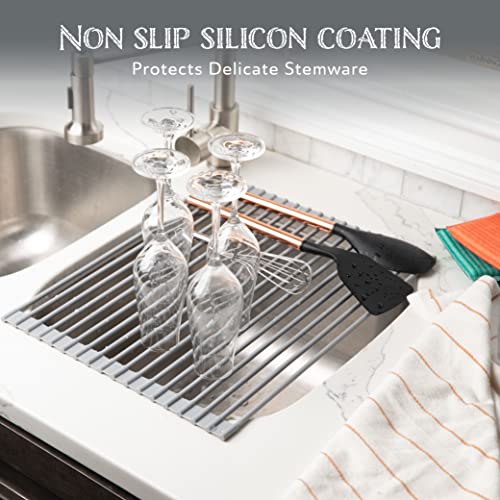 Oizeir Roll Up Dish Drying Rack - Silicone Coated Stainless Steel, Over The Sink, Foldable, Heat-Resistant, Anti-Slip, Dish Drainer. (17" x 12.5") - My Kitchen Products
