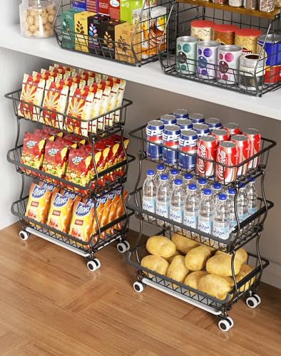 OKZEST 3-Tier Rolling Pantry Floor Organizer and Storage Cart with Wheels, Stackable Wire Pantry Baskets for Pantry