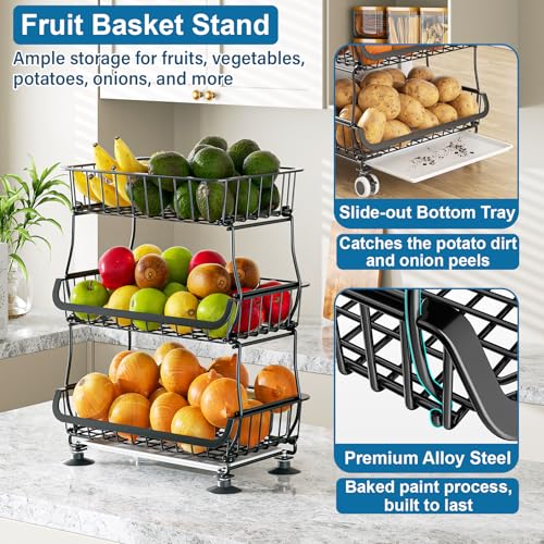 OKZEST 3-Tier Rolling Pantry Floor Organizer and Storage Cart with Wheels, Stackable Wire Pantry Baskets for Pantry Shelves, Kitchen Fruit Basket Stand and Storage Rack for Fruit Snack Onion Potato - My Kitchen Products