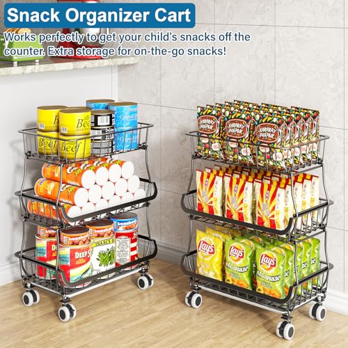 OKZEST 3-Tier Rolling Pantry Floor Organizer and Storage Cart with Wheels, Stackable Wire Pantry Baskets for Pantry Shelves, Kitchen Fruit Basket Stand and Storage Rack for Fruit Snack Onion Potato - My Kitchen Products