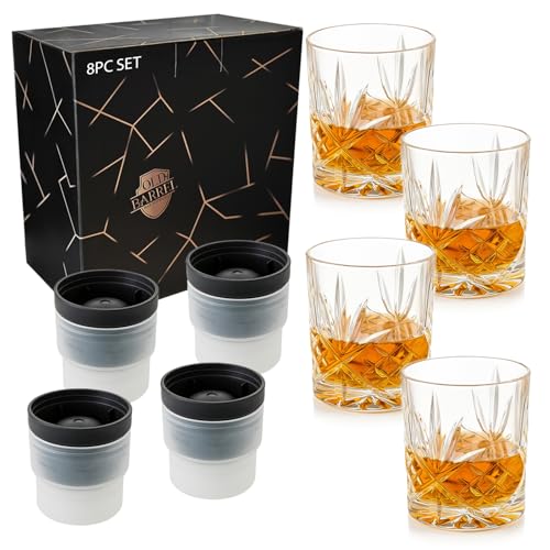 OLD BARREL Whiskey Glasses Set of 8 (4 Glasses with 4 Ice Ball Molds) 10oz Old Fashioned Crystal Glasses Gift Box
