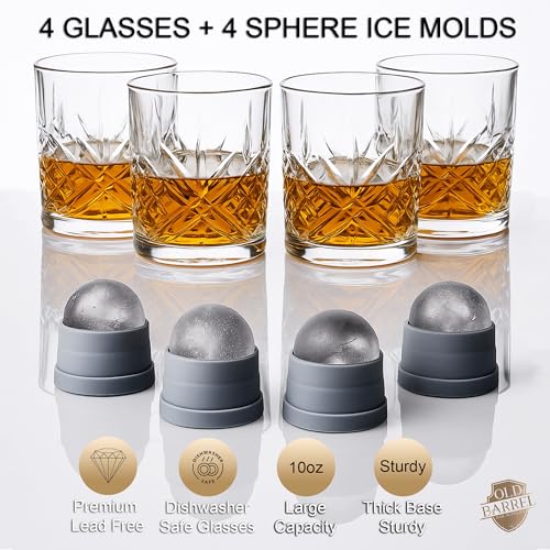 OLD BARREL Whiskey Glasses Set of 8 (4 Glasses with 4 Ice Ball Molds) 10oz Old Fashioned Crystal Glasses Gift Box – Bourbon, Scotch, Cocktail Rocks Glas – Gifts for Men, Dad, Birthday, Christmas Gift - My Kitchen Products