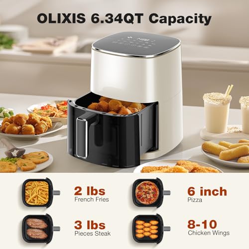 OLIXIS 12-in-1 Air Fryer 6.34 Quarts, Visable Airfryer with Window, 400°F, Roast, Reheat, Dehydrate, Bake, Steam, Fries, Custard, Chicken, Wings, Sea Food, Vegetabels, Pearl White - My Kitchen Products