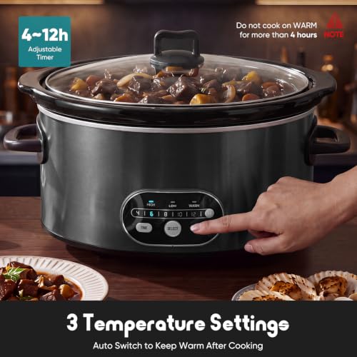 OLIXIS Slow Cooker 6 Quart, Ceramic Nonstick Coating, Programmable Slow Cooker with Dishwasher Stoneware Pot and Tempered Glass Lid, Multi Cookers with 3 Temperature, 35in Tangle Free Cord, Black - My Kitchen Products