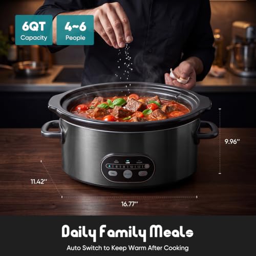 OLIXIS Slow Cooker 6 Quart, Ceramic Nonstick Coating, Programmable Slow Cooker with Dishwasher Stoneware Pot and Tempered Glass Lid, Multi Cookers with 3 Temperature, 35in Tangle Free Cord, Black - My Kitchen Products