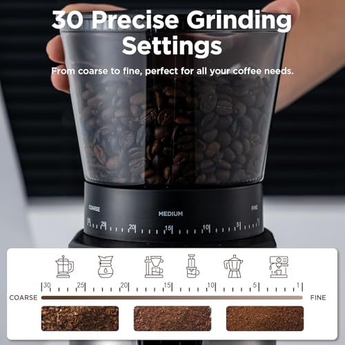 Ollygrin Burr Coffee Grinder, Electric Conical Coffee Bean Grinder With 30 Adjustable Grind Settings For 2-12 Cups, Sliver & Black - My Kitchen Products