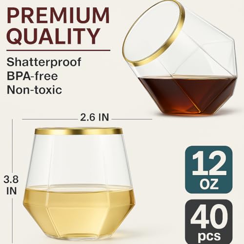 Oojami 40 count Diamond 12 Ounce Gold Rim Cups Unbreakable Stemless Plastic Wine Champagne Whiskey Glasses Elegant Durable Disposable Indoor Outdoor Ideal for Home, Office, Bars, Wedding (Gold) - My Kitchen Products