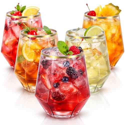 Oojami 40 count Diamond 12 Ounce Gold Rim Cups Unbreakable Stemless Plastic Wine Champagne Whiskey Glasses Elegant Durable