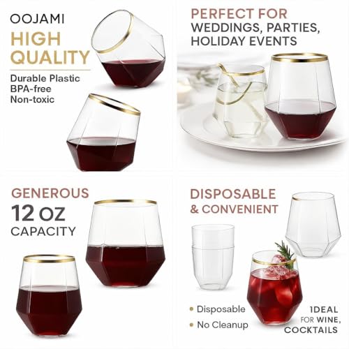 Oojami 40 count Diamond 12 Ounce Gold Rim Cups Unbreakable Stemless Plastic Wine Champagne Whiskey Glasses Elegant Durable Disposable Indoor Outdoor Ideal for Home, Office, Bars, Wedding (Gold) - My Kitchen Products