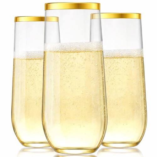 Oojami 48 Pack Champagne Flutes Plastic Gold Rimmed Stemless 9 Oz Clear Disposable Champagne Glasses, Shatterproof BPA-Free Recyclable Mimosa Glasses & Cocktail Cups for Wedding Birthday Shower - My Kitchen Products