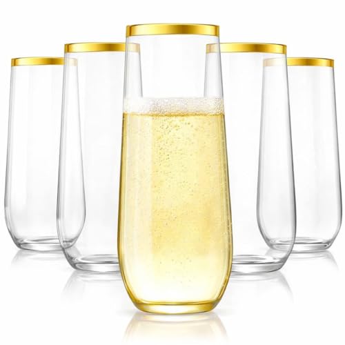 Oojami 48 Pack Champagne Flutes Plastic Gold Rimmed Stemless 9 Oz Clear Disposable Champagne
