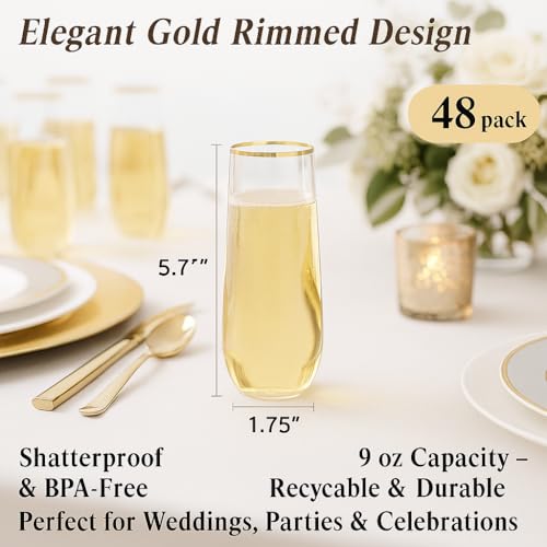 Oojami 48 Pack Champagne Flutes Plastic Gold Rimmed Stemless 9 Oz Clear Disposable Champagne Glasses, Shatterproof BPA-Free Recyclable Mimosa Glasses & Cocktail Cups for Wedding Birthday Shower - My Kitchen Products