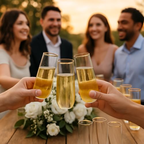 Oojami 48 Pack Champagne Flutes Plastic Gold Rimmed Stemless 9 Oz Clear Disposable Champagne Glasses, Shatterproof BPA-Free Recyclable Mimosa Glasses & Cocktail Cups for Wedding Birthday Shower - My Kitchen Products