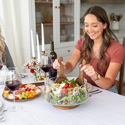Oria Cook Large Glass Salad Bowl with Lid Set, 5.7 L Decorative Glass Mixing Bowl, Trifle and Serving Bowls with Lids as Cheese Charcuterie Board and Plate, Comes with Wood Serving Utensils - My Kitchen Products