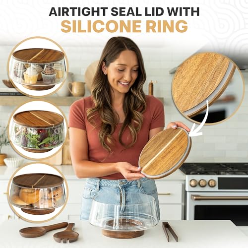 Oria Cook Large Glass Salad Bowl with Lid Set, 5.7 L Decorative Glass Mixing Bowl, Trifle and Serving Bowls with Lids as Cheese Charcuterie Board and Plate, Comes with Wood Serving Utensils - My Kitchen Products