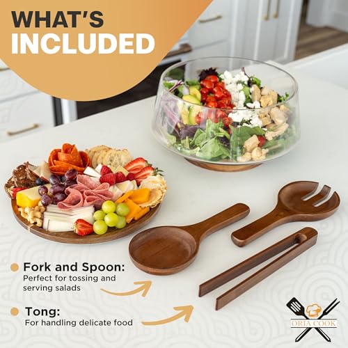 Oria Cook Large Glass Salad Bowl with Lid Set, 5.7 L Decorative Glass Mixing Bowl, Trifle and Serving Bowls with Lids as Cheese Charcuterie Board and Plate, Comes with Wood Serving Utensils - My Kitchen Products