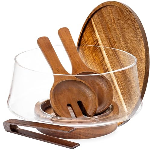 Oria Cook Large Glass Salad Bowl with Lid Set, 5.7 L Decorative Glass Mixing