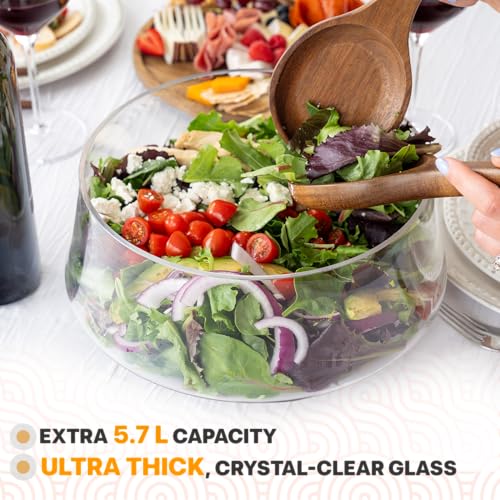 Oria Cook Large Glass Salad Bowl with Lid Set, 5.7 L Decorative Glass Mixing Bowl, Trifle and Serving Bowls with Lids as Cheese Charcuterie Board and Plate, Comes with Wood Serving Utensils - My Kitchen Products