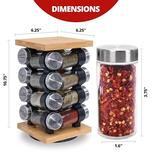 Orii 16 Jar Rotating Bamboo Spice Rack with Spices Included & 5-Year Spice Refill Program – Compact Countertop Spice Rack with Glass Jars - My Kitchen Products