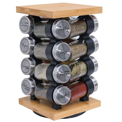 Orii 16 Jar Rotating Bamboo Spice Rack with Spices Included & 5-Year Spice Refill Program – Compact Countertop Spice Rack with Glass Jars - My Kitchen Products