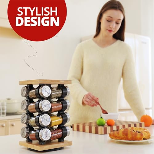 Orii 16 Jar Rotating Bamboo Spice Rack with Spices Included & 5-Year Spice Refill Program – Compact Countertop Spice Rack with Glass Jars - My Kitchen Products