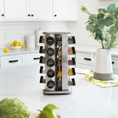 Orii 20 Jar Rotating Spice Rack with Spices Included & 5-Year Free Spice Refill Program – Stainless Steel Countertop Spice Rack with 3 oz Glass Jars - My Kitchen Products