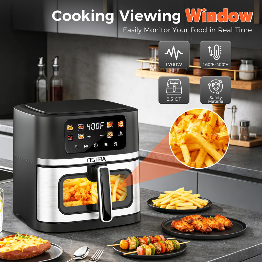OSTBA 8.5QT Large Air Fryer with Visible Window, 1700W Single Basket Air Fryer, Clear View Nonstick Basket, Digital Touchscreen, 8 Presets, Auto Shutoff, Dishwasher Safe - My Kitchen Products