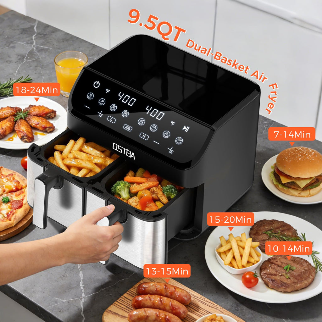 OSTBA 9.5QT Double Air Fryer, 1700W Dual Air Fryer with 2 Independent 4.25QT Stainless Steel Baskets, Digital Touchscreen, Sync Finish, 8 Presets, Auto Shutoff, Nonstick Dishwasher Safe - My Kitchen Products