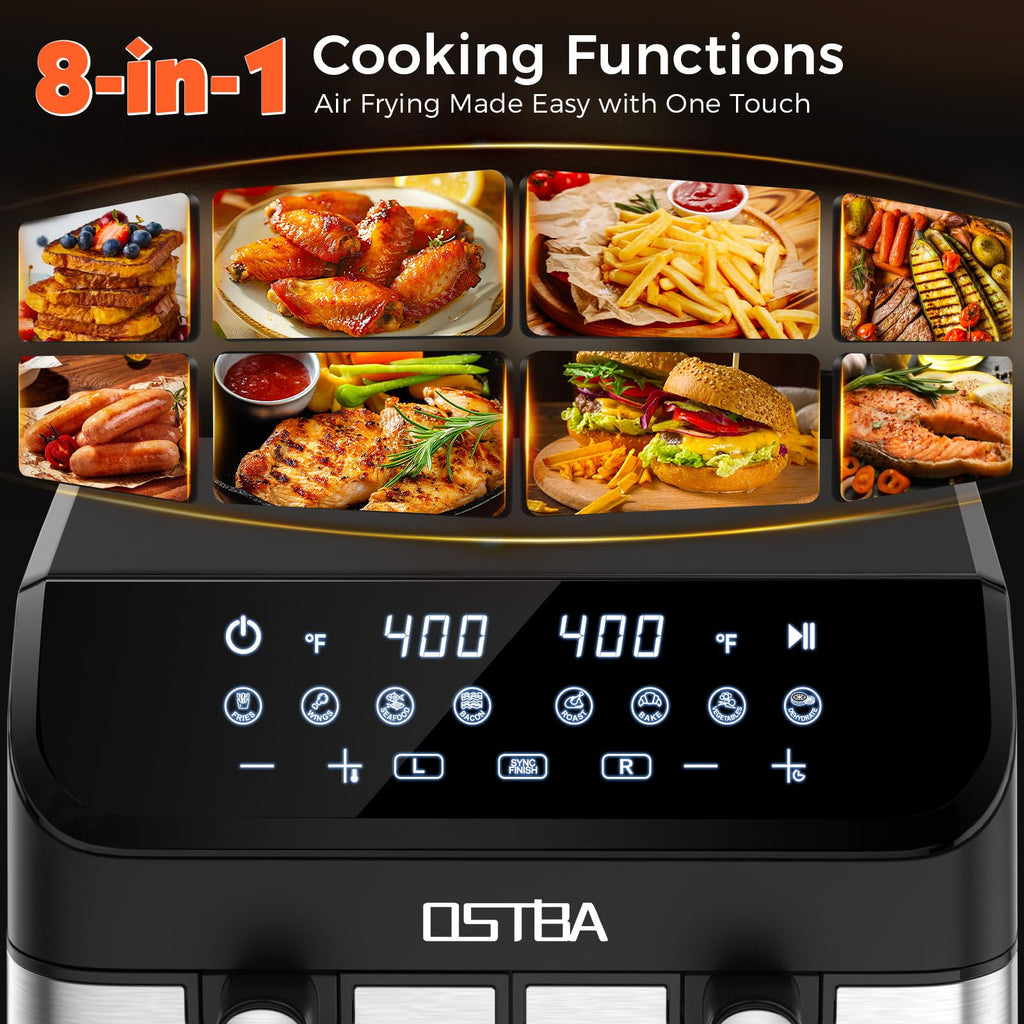 OSTBA 9.5QT Double Air Fryer, 1700W Dual Air Fryer with 2 Independent 4.25QT Stainless Steel Baskets, Digital Touchscreen, Sync Finish, 8 Presets, Auto Shutoff, Nonstick Dishwasher Safe - My Kitchen Products