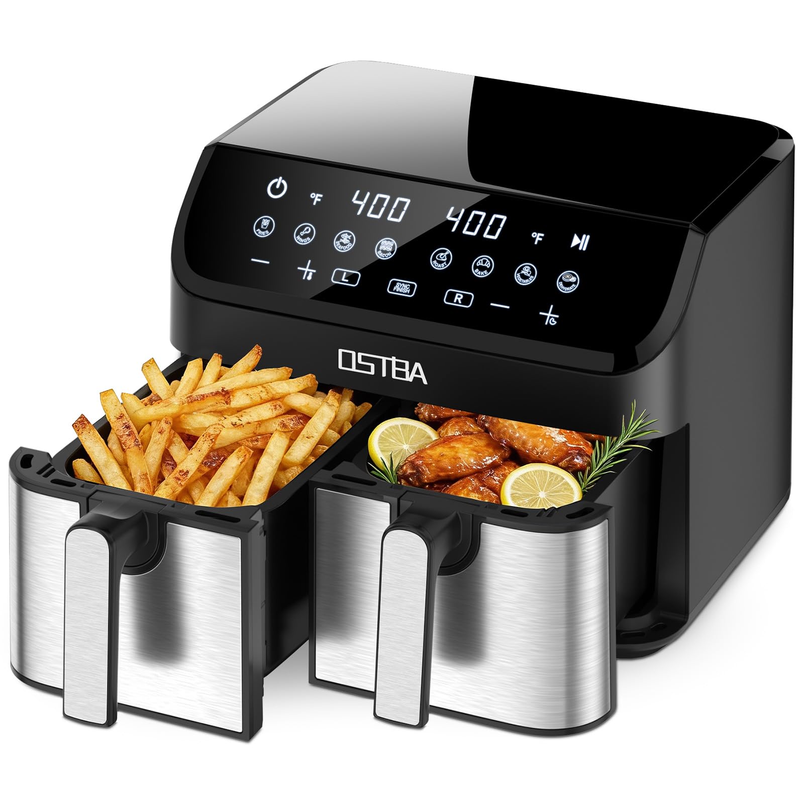 OSTBA 9.5QT Double Air Fryer, 1700W Dual Air Fryer with 2 Independent 4.25QT Stainless Steel Baskets, Digital