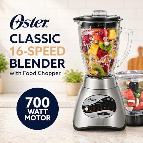 Oster Classic Series 16-Speed Blender with Food Chopper & 6-Cup Glass Jar, Countertop Kitchen Blender, Brushed Nickel - My Kitchen Products