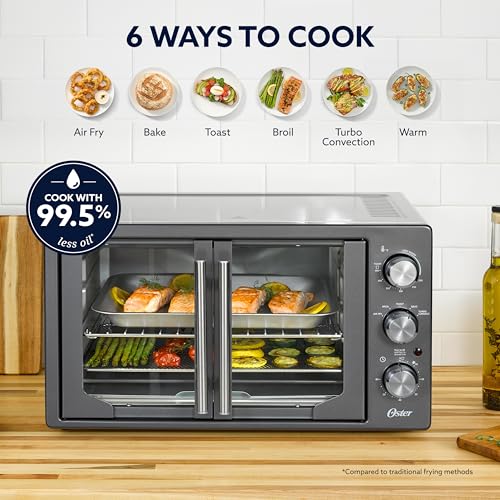 Oster Extra-Large 42L French Door Countertop Toaster Oven, 6-in-1 Air Fryer Oven with Air Fry Rack, Wire Rack, Baking Pan and Crumb Tray, Stainless Steel - My Kitchen Products