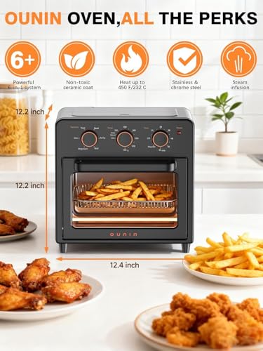 OUNIN Air Fryer Toaster Oven with Steam Infusion, 12L Compact Countertop Oven, 6-in-1 Stainless Steel Combo Bakes, Broils, Grills & Warms, Fast Preheat, 60-Minute Timer – Small Kitchen Friendly - My Kitchen Products