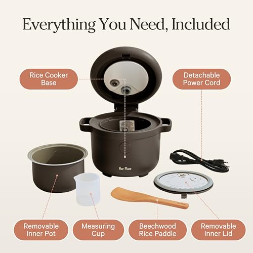 Our Place Rice Cooker | Compact Rice Cooker 3-Cup Uncooked / 6-Cup Cooked with Ceramic Nonstick Inner Pot | Fuzzy Logic Multi-Cooker for White & Brown Rice, Oatmeal & Grains | Delay Timer & Auto Keep Warm | Char - My Kitchen Products