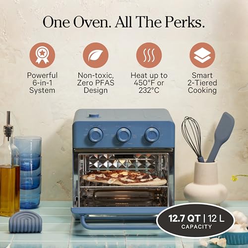 Our Place Wonder Oven | 6-in-1 Stainless Steel Air Fryer Toaster Oven Combo with Basket, Rack, Pan & Tray | Compact 13 QT Countertop Capacity - Toast, Roast, Bake, Reheat, Broil & Steam | Blue Salt - My Kitchen Products