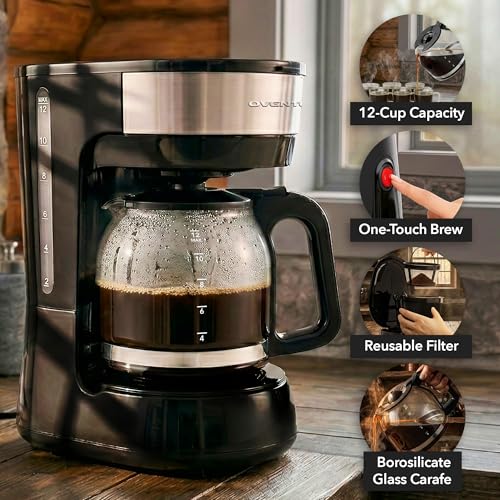 OVENTE 12-Cup Drip Coffee Maker with Borosilicate Glass Carafe, One-Touch Operation Machine, Anti-Drip System, Reusable Filter and Clear View Water Level Gauge, Ideal for Home or Office, Black CM412B - My Kitchen Products