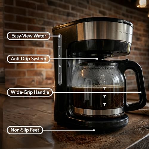 OVENTE 12-Cup Drip Coffee Maker with Borosilicate Glass Carafe, One-Touch Operation Machine, Anti-Drip System, Reusable Filter and Clear View Water Level Gauge, Ideal for Home or Office, Black CM412B - My Kitchen Products